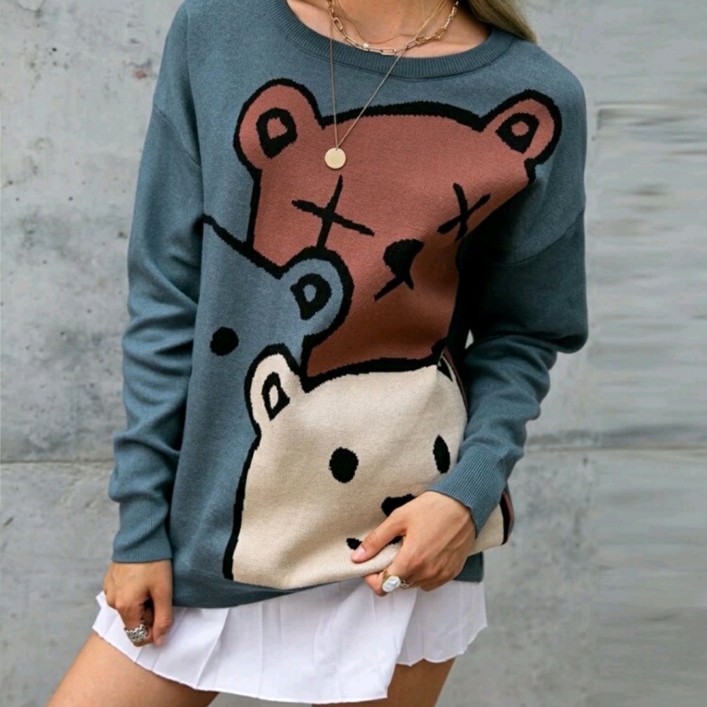 Simplee Bear Pattern Drop Shoulder Sweater - Picture 5 of 6